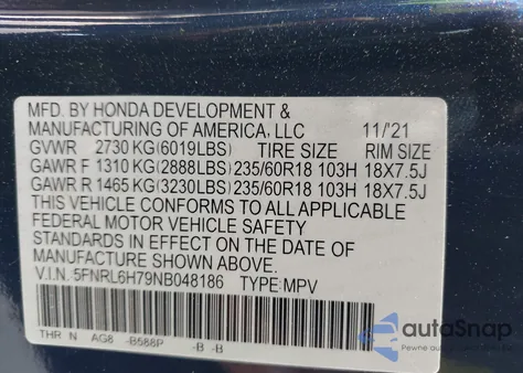 2022 Honda Odyssey Ex-L z USA, uszkodzony, nr VIN 5FNRL6H79NB048186